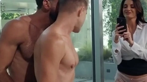 Bi dudes enjoy pounding busty milf in threesome fuck