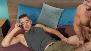 Hairy stud breeds jock back missionary before riding for cum