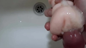 Such violent orgams using a vagina toy over his sink
