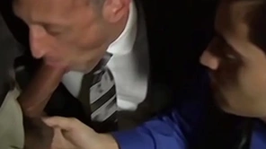 Bald comate stud sucking several cocks in an orgy