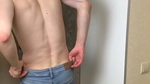 Hot urchin relative to blue underfed jeans stroking his long dick (23cm)/ popular cum load
